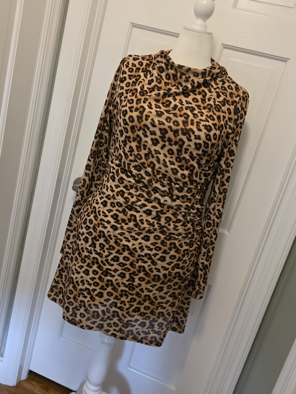Bar III Leopard Print Mock Neck Mini Dress, Side Ruched Size XL, Chic Stylish